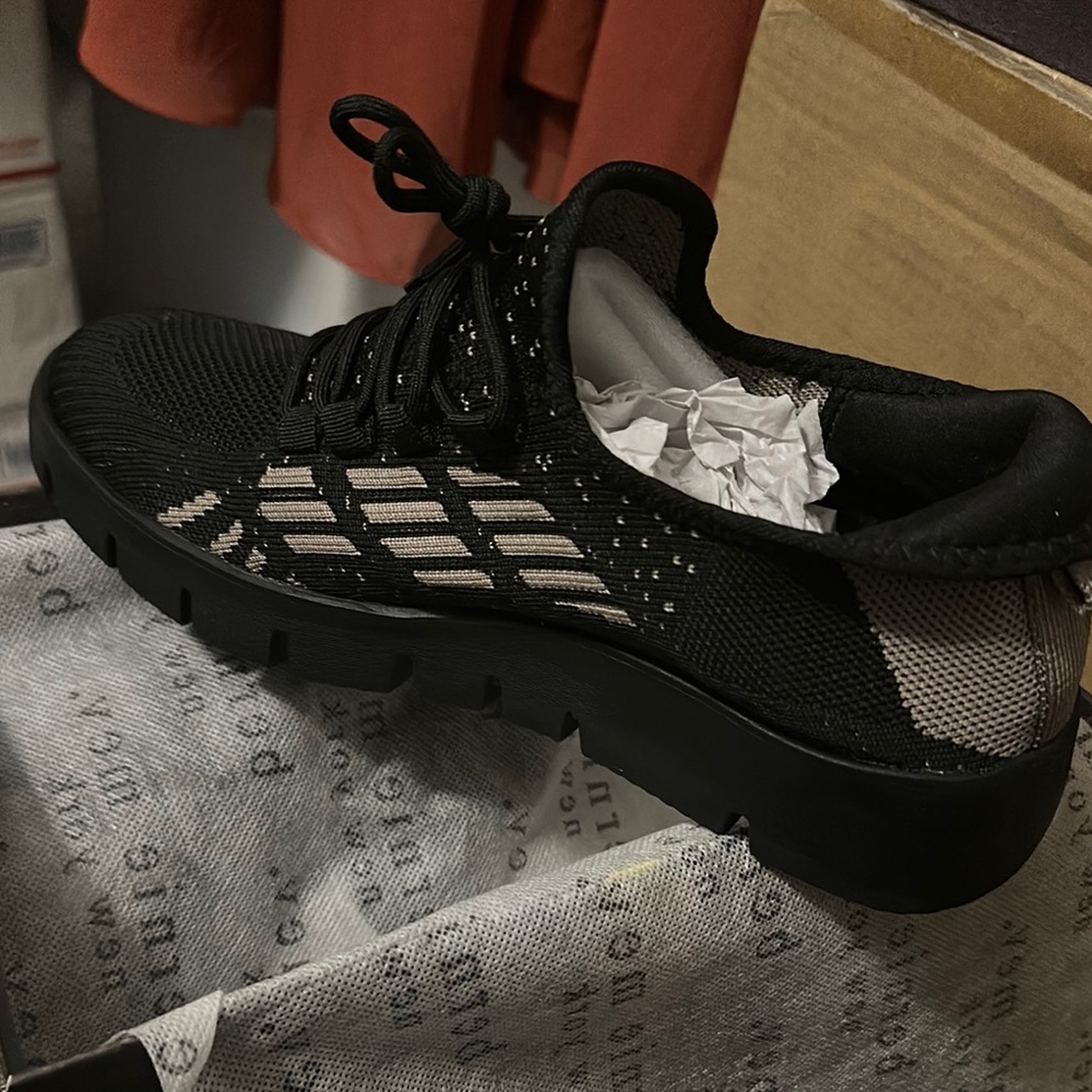 bernie mev. Ayelet Black and Tan Woven Sneakers